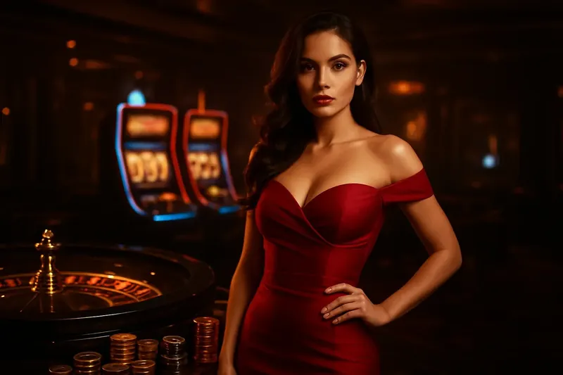 Elegant Casino Banner Beautiful woman in red dress standing near roulette and slot machines with gold coins and poker chips in a luxury Bangladeshi casino atmosphere