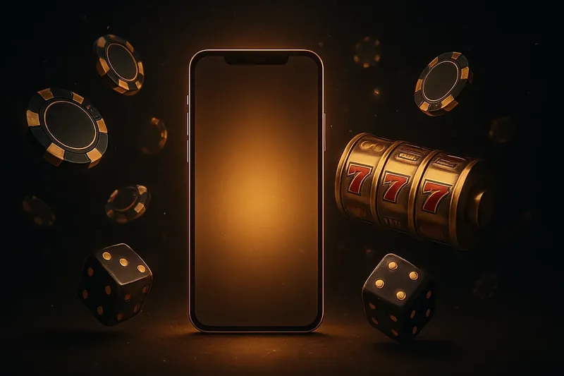 Glowing Smartphone Casino Banner Panoramic banner with glowing smartphone, casino chips, slot reels, and dice on dark gold background